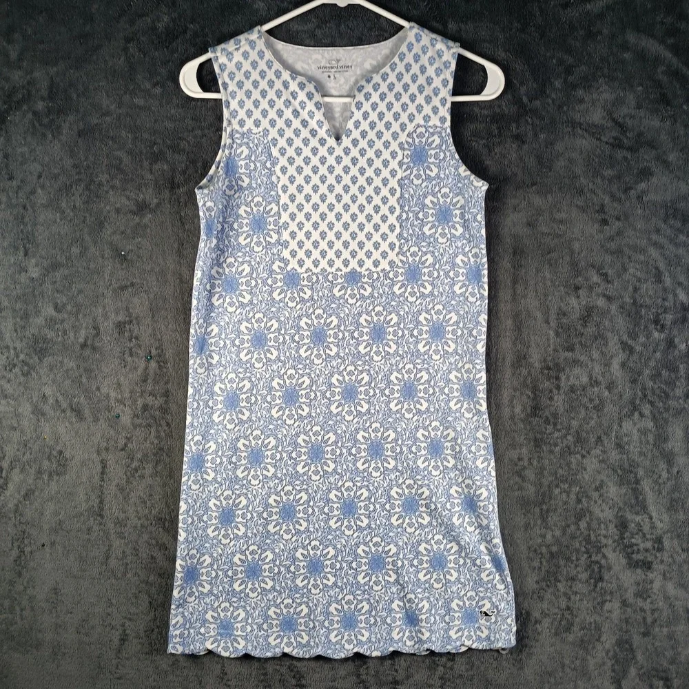 Vineyard Vines Shift Dress Girls L 12 14 Blue White Printed Sleeveless Preppy